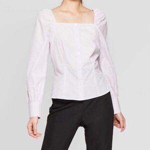 Who What Wear Cotton Square Neck Button Down Top Purple White - Women’s L